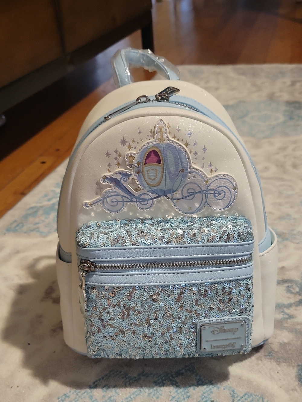 Loungefly White and Light Blue Sequin Princess Carriage Mini Backpack